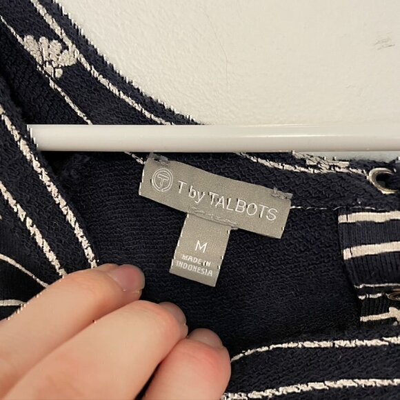 T BY TALBOTS Long Sleeve Mixed Print Dress Navy Blue Cream Striped Floral Cotton - Picture 4 of 11